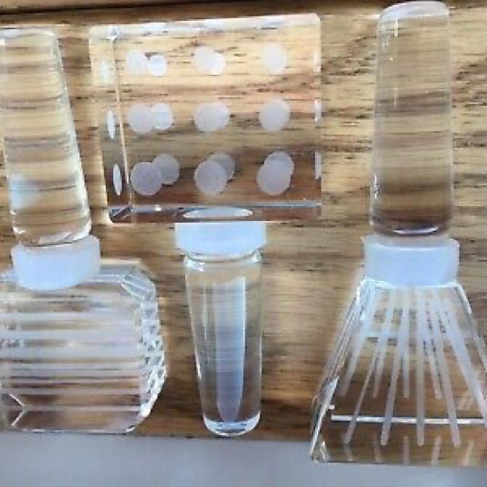 Czech whimsical glass bottle stoppers with polka dot, stripe design. Vintage